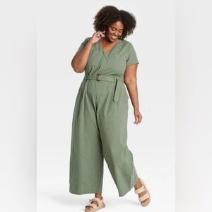 NWOT Ava & Viv Olive Green Utility Wide-Leg Belted Jumpsuit 1X